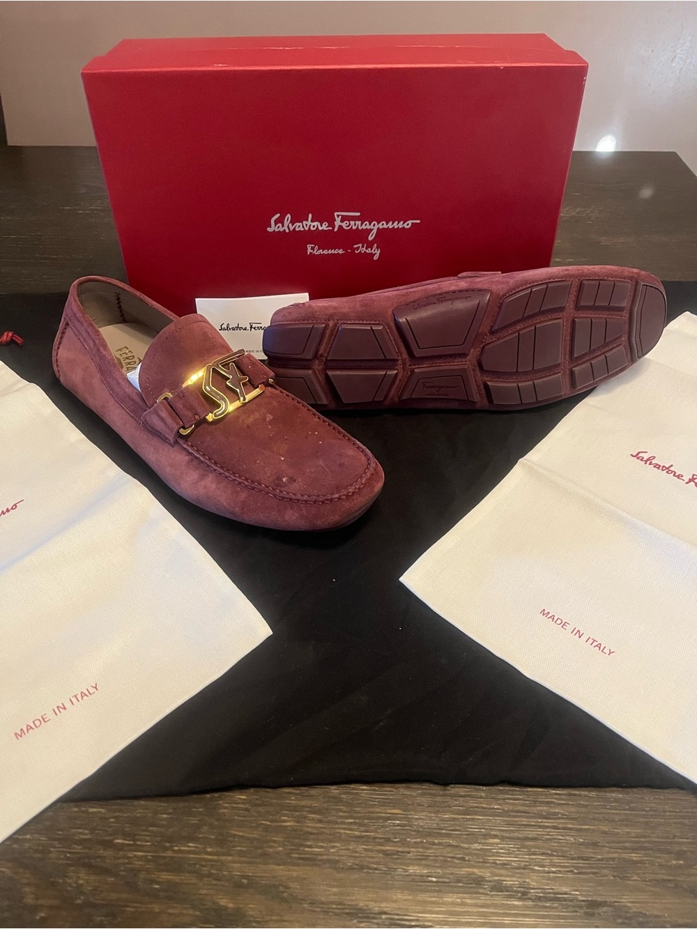 Salvatore Ferragamo Men’s Wine Suede Driving Loafers with Gold Gancini